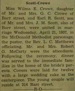 Marriage Notice for Earl R. SCOTT to Wilma E. Crowe, 21 Apr 1937