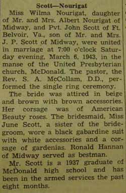 Marriage Notice for John SCOTT to Wilma Nourigat, 6 Mar 1943