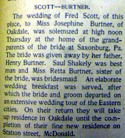 Wedding Announcement for <b> </b>Fred SCOTT to Josephine Burtner, Thurs., no date, possibly June 12-- in Sat., 6-14-1902 paper