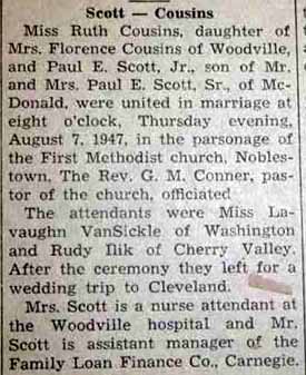 Marriage Notice for Paul SCOTT, Jr. to Ruth Cousins, 7 Aug 1947