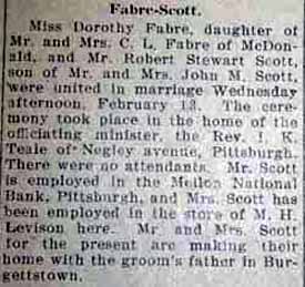 Marriage Notice for Robert Stewart SCOTT to Dorothy Fabre, 13 Feb 1929