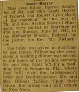 Marriage Notice for Robert Lynn SCOTT to Jean Elinor Harrer, 27 Jun 1943