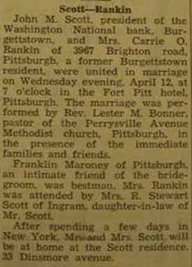 Marriage Notice for John M. SCOTT to Mrs. Carrie O. Rankin, 12 Apr 1944