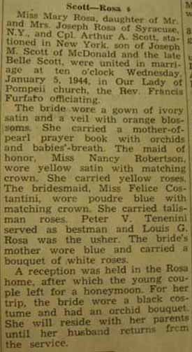 Marriage Notice for Arthur A. SCOTT to Mary Rosa, 5 Jan 1944