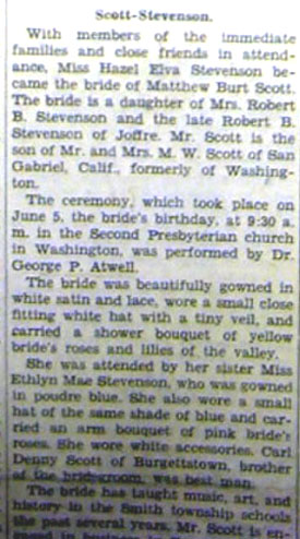 Wedding Announcement part 1 for Matthew Burt SCOTT to Hazel Elva Stevenson, 5 Jun 1934