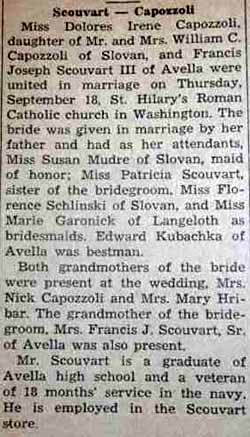 Marriage Notice for Francis Joseph SCOUVART, III to Dolores Irene Capozzoli, 18 Sep 1947