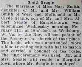 Marriage Notice for Clyde SEAGLE to Mary Smith, 11 Feb 1925