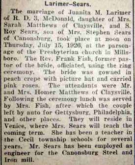 S. Roy SEARS to Juanita M. Larimer, 15 Jul 1926