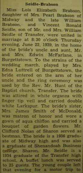 Part 1 Marriage Notice for Vincent Ronald SEIDLE to Lois Elizabeth Brabson, 22 Jun 1939