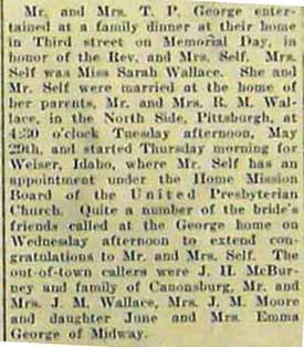 Marriage Notice for Rev. (no given name) SELF to Sarah Wallace, 29 May 1917