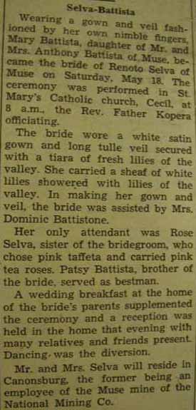 Marriage Notice for Renoto SELVA to Mary Battista, 18 May 1940