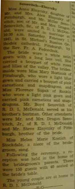 Marriage Notice for Miller SENOVITCH to Anna Elnyczky, 1 Feb 1941