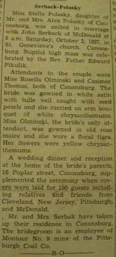 Marriage Notice for John SERBACK to Stella Polasky, 2 Oct 1937