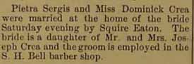 Marriage Notice for Pietra SERGIS to Dominick Crea, no date, in 4-17-1914 paper