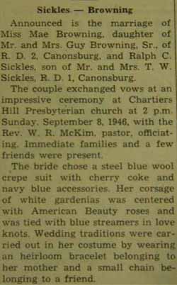 Part 1 Marriage Notice for Ralph C. SICKLES to Mae Browning, 8 Sep 1946