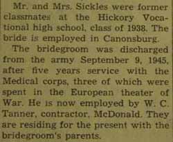 Part 3 Marriage Notice for Ralph C. SICKLES to Mae Browning, 8 Sep 1946