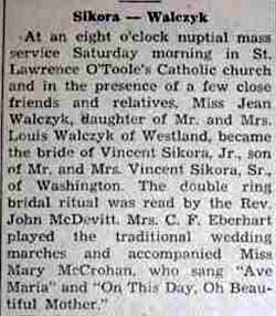 Part 1 Marriage Notice for Vincent SIKORA, Jr. to Jean Walczyk, no date, in 12-5-1947 paper