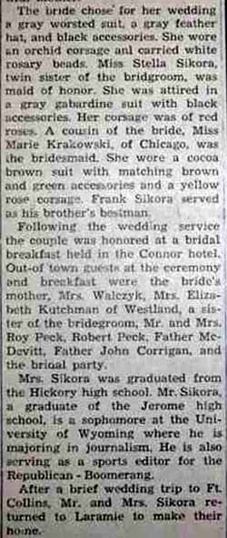 Part 2 Marriage Notice for Vincent SIKORA, Jr. to Jean Walczyk, no date, in 12-5-1947 paper