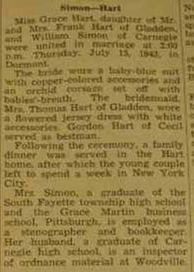 Marriage Notice for William SIMON to Grace Hart, 15 Jul 1943