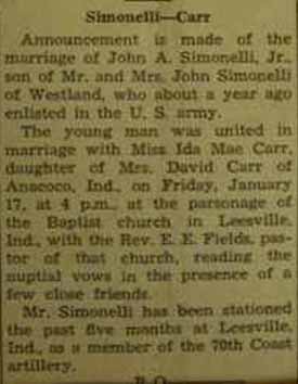 Marriage notice for John A. SIMONELLI, Jr. to Ida Mae Carr, 17 Jan 1940