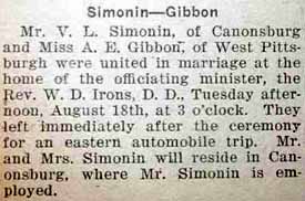 Marriage Notice for V. L. SIMONIN to A. E. Gibbon, 18 Aug 1925
