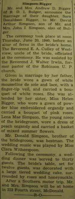 Marriage notice for David Arthur SIMPSON to Sara Donaldson Bigger, 20 Jun 1940
