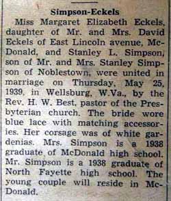 Marriage Notice for Stanley L. SIMPSON to Margaret Elizabeth Eckels, 25 May 1939
