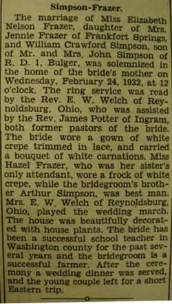 Marriage Notice for William Crawford SIMPSON to Elizabeth Nelson Frazer, 24 Feb 1932