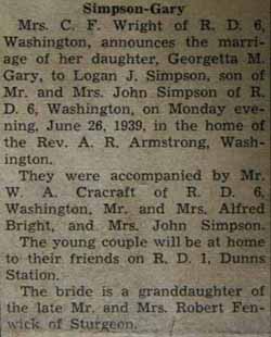 Marriage Notice for Logan J. SIMPSON to Georgetta M. Gary, 26 Jun 1939