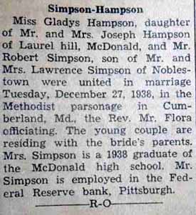 Marriage Notice for Robert SIMPSON to Gladys Hampson, 27 Dec 1938