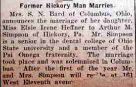Marriage notice for Arthur M. SIMPSON to Elsie Irene Heffner, no
date, in 1-5-1923 paper