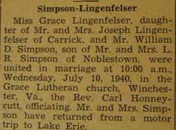 Marriage Notice for William D. SIMPSON to Grace Lingenfelser, 19 Jul 1940