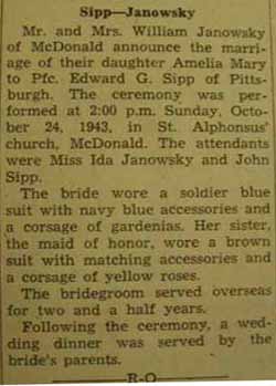 Marriage Notice for Edward G. SIPP to Amelia Mary Janowsky, 24 Oct 1943