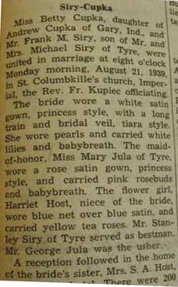 Part 1 Marriage notice for Frank M. SIRY to Betty Cupka, 21 Aug 1939