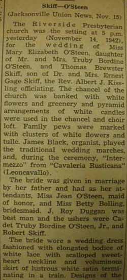 Part 1 Marriage Notice for Thomas Brewster SKIFF to Mary Elizabeth O'Steen, 14 Nov 1942