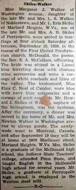 Marriage Notice for L. Erle SKILES to Margaret J. Walker, 10 Sep 1938