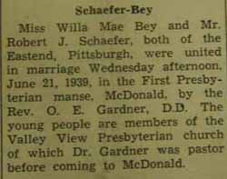 Marriage Notice for Robert J. SCHAEFER to Willa Mae Bey, 21 Jun 1939