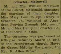 Part 1 Marriage notice for Henry E. SCHAEFER, Jr. to Mary Lois McDowell, 13 Mar 1943