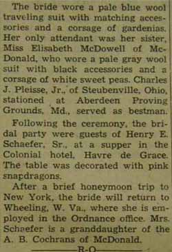 Part 2 Marriage notice for Henry E. SCHAEFER, Jr. to Mary Lois McDowell, 13 Mar 1943