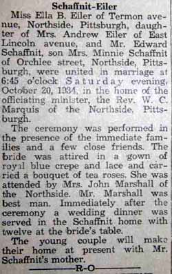 Marriage Notice for Edward SCHAFFNIT to Ella B. Eiler, 20 Oct 1934