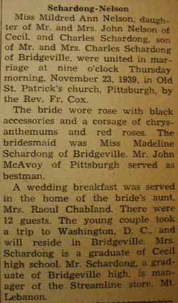 Marriage Notice for Charles SCHARDONG to Mildred Ann Nelson, 23 Nov 1939