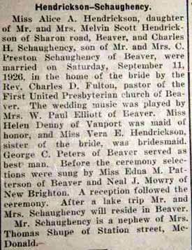 Marriage Notice for Charles H. SCHAUGHENCY to Allice A. Hendrickson, 11 Sep 1926