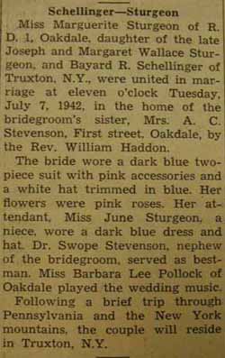 Marriage notice for Bayard R. SCHELLINGER to Marguerite Sturgeon, 7 Jul 1942