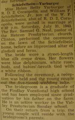 Marriage Notice for William F. SCHIEFELBEIN, Jr. to Helen Betty Yarburger, 31 Jul 1943