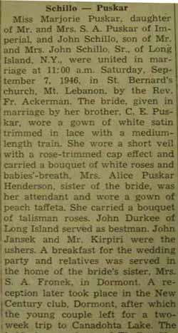 Part 1 Marriage Notice for John SCHILLO to Marjorie Puskar, 7 Sep 1946