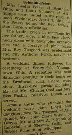 Marriage Notice for Louis SCHMIDT to Leetta Peters, 3 Apr 1940