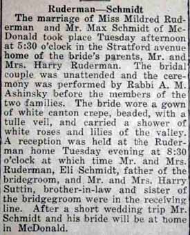 Marriage Notice for Max SCHMIDT to Mildred Ruderman, no date, in 8-17-1922 paper