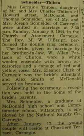 Marriage Notice for Thomas SCHNEIDER to Lorraine Thibon, 9 Jan 1944