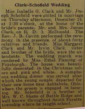 Marriage Notice for Joseph SCHOFIELD to Isabelle G. Clark, 24 Dec 1915