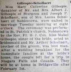Marriage Notice for Joseph P. SCHOLLAERT to Mary Catherine Gillespie, no date, in 1-24-1929 paper